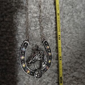 Silver Chain Necklace Horse Head, Horseshoe And Rhinestones